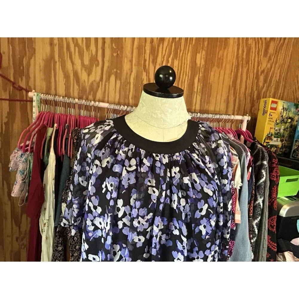 kate Spade New York Hydrangea Silk Chiffon Floral Swing Top S Purple‎ & Black